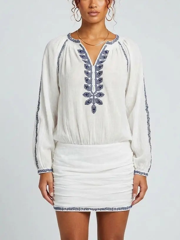 Embroidered Cotton Boho Tunic-Style Mini Dress - Dresses