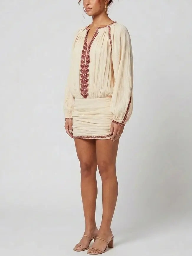 Embroidered Cotton Boho Tunic-Style Mini Dress - Dresses