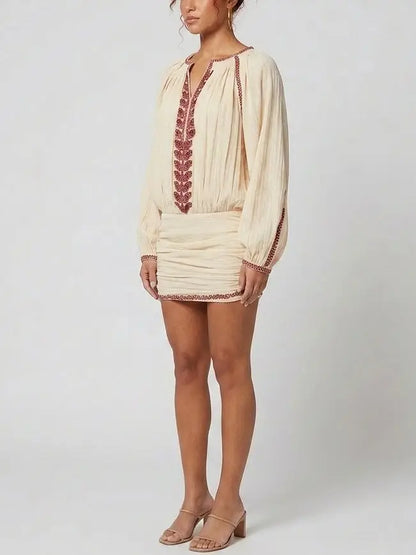 Embroidered Cotton Boho Tunic-Style Mini Dress - Dresses