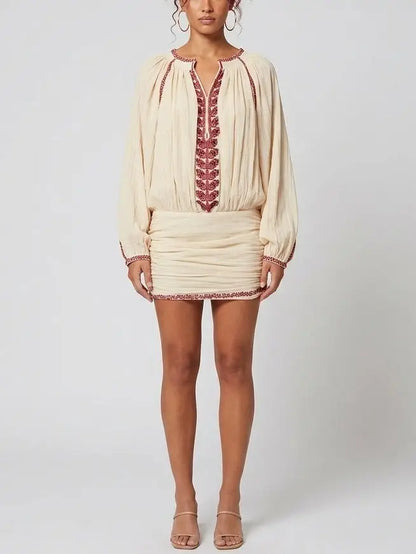 Embroidered Cotton Boho Tunic-Style Mini Dress - Dresses