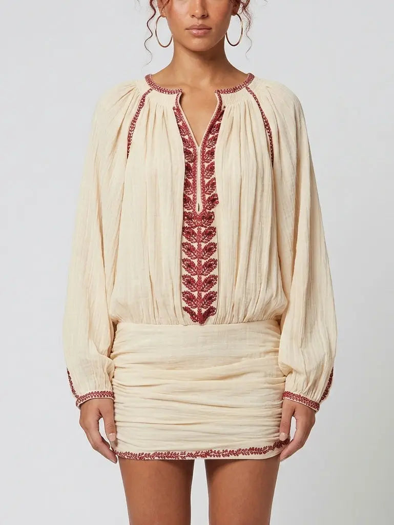 Embroidered Cotton Boho Tunic-Style Mini Dress - Dresses