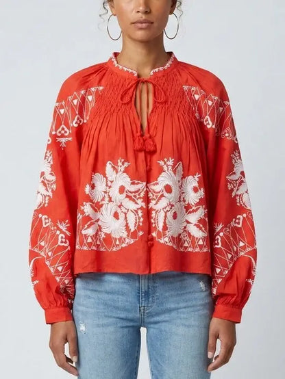 Embroidered Cotton Tie Neck Boho Blouse - Small / Reddish-Orange - Tops