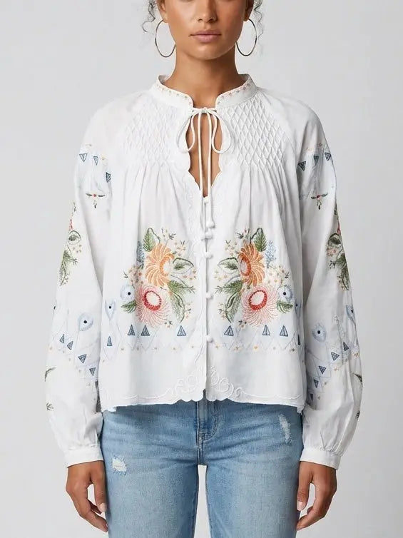 Embroidered Cotton Tie Neck Boho Blouse - Tops