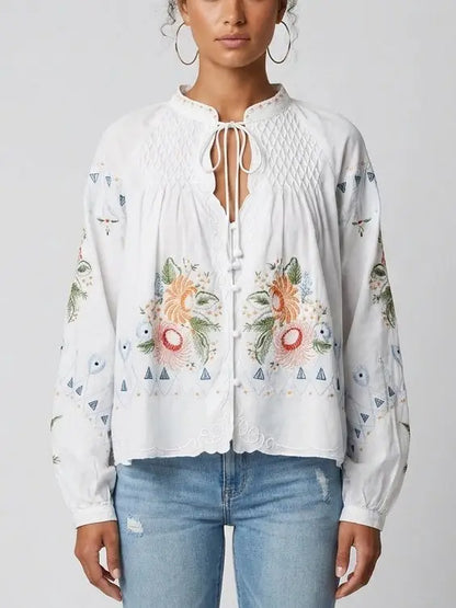 Embroidered Cotton Tie Neck Boho Blouse - Tops