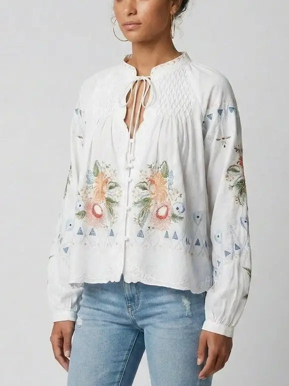 Embroidered Cotton Tie Neck Boho Blouse - Tops