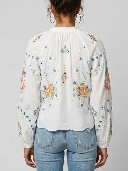 Embroidered Cotton Tie Neck Boho Blouse - Tops