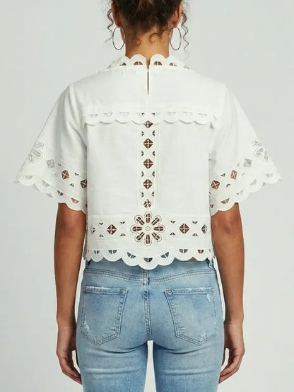 Embroidered Cutout Scallop Hem Top - Tops