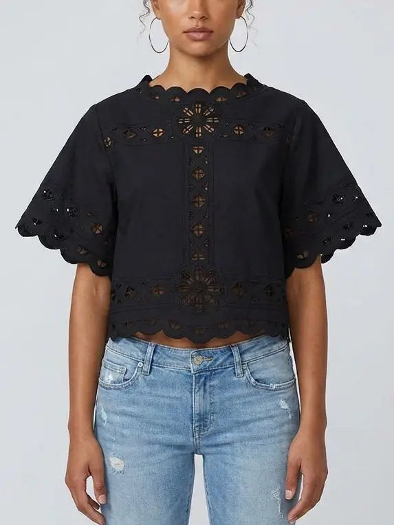 Embroidered Cutout Scallop Hem Top - Small / Black - Tops