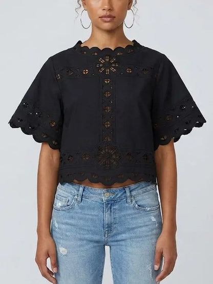 Embroidered Cutout Scallop Hem Top - Small / Black - Tops