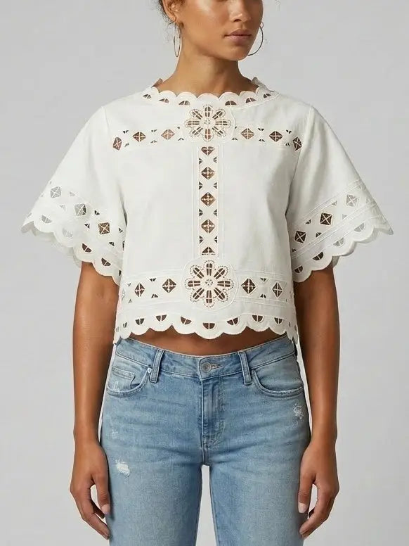 Embroidered Cutout Scallop Hem Top - Tops
