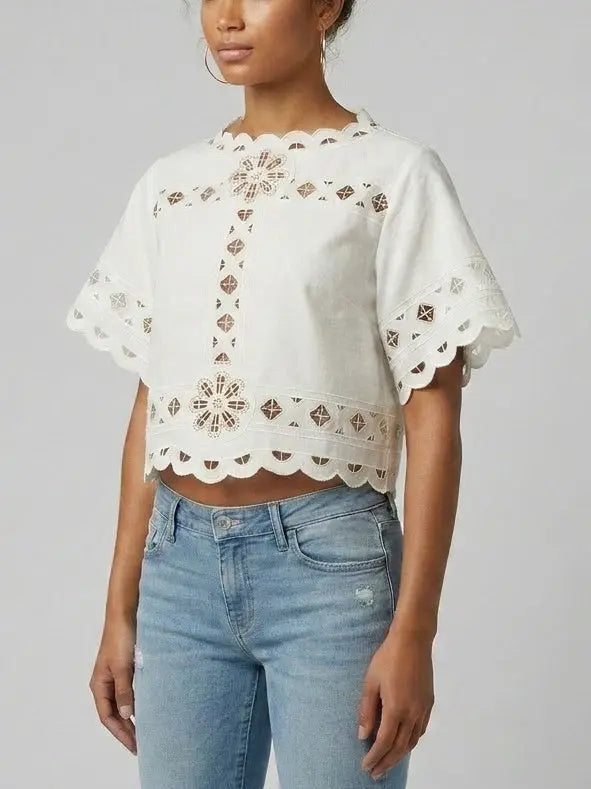 Embroidered Cutout Scallop Hem Top - Tops