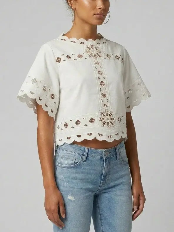 Embroidered Cutout Scallop Hem Top - Tops