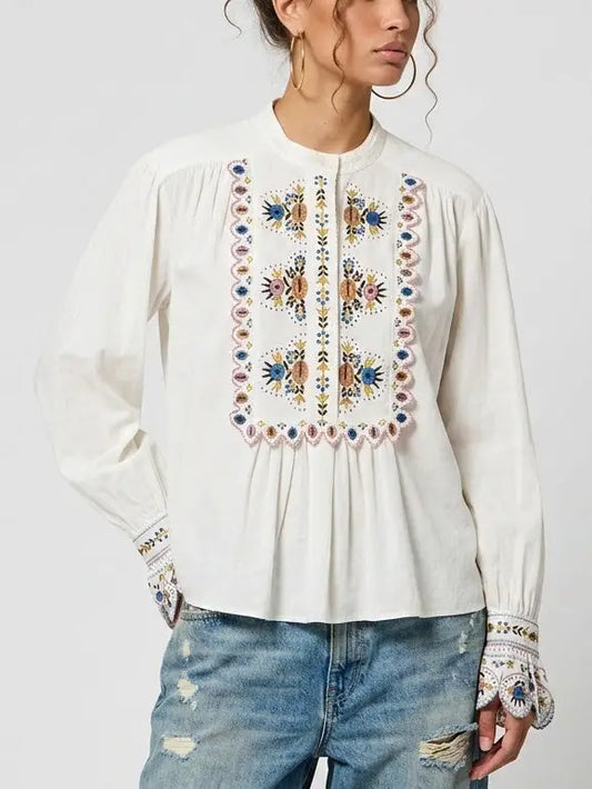 Embroidered Front Panel White Blouse - Tops