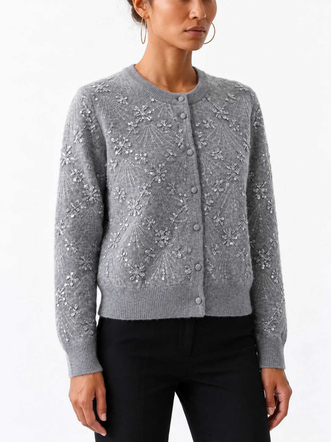 Embroidered Grey Cashmere Cardigan Sweater - Sweaters & Knitwear