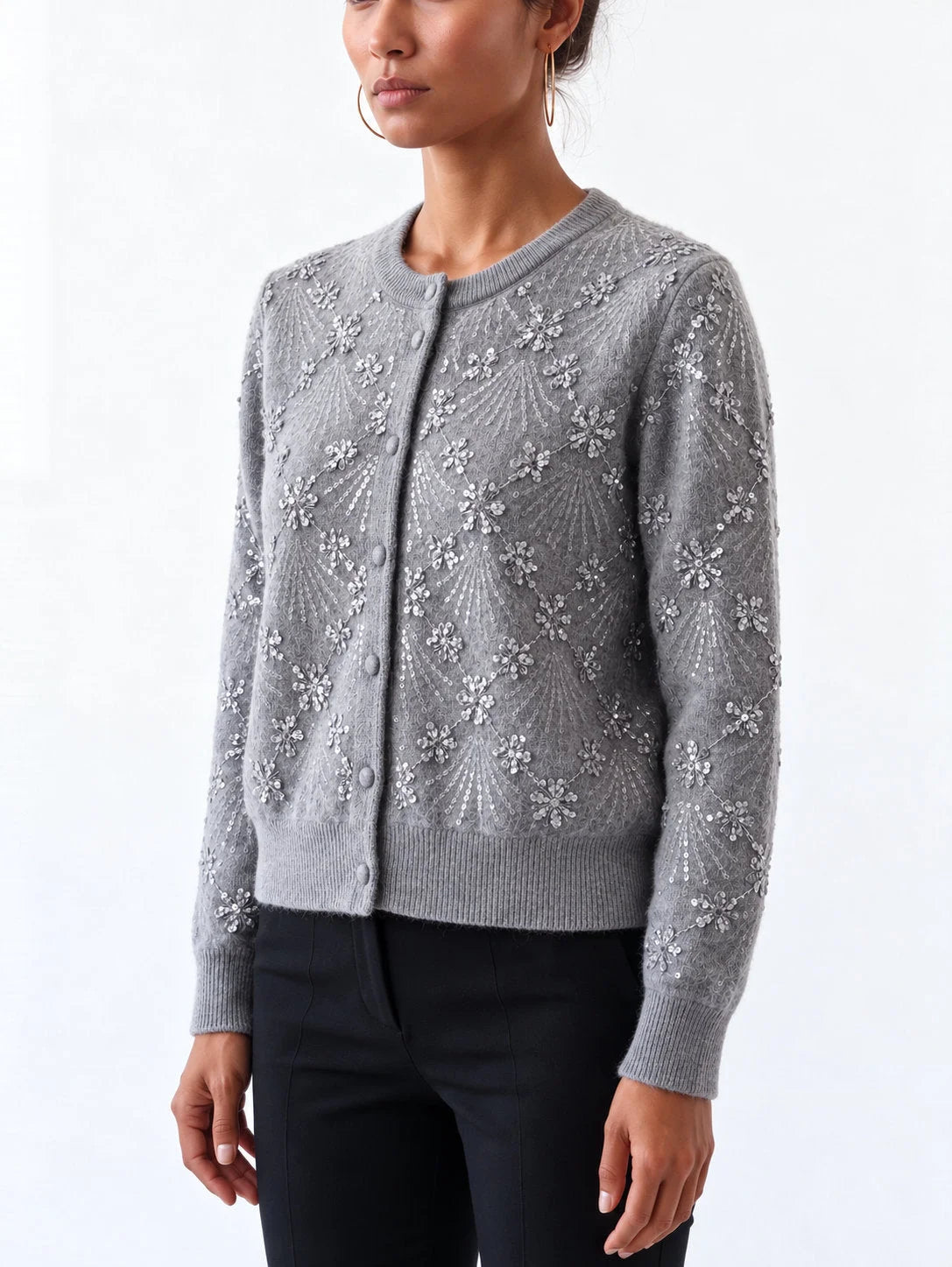 Embroidered Grey Cashmere Cardigan Sweater - Sweaters & Knitwear