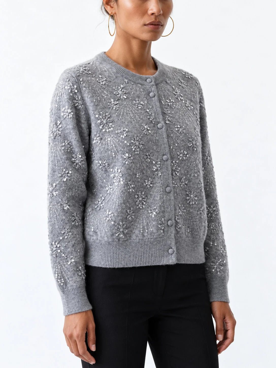 Embroidered Grey Cashmere Cardigan Sweater - Sweaters & Knitwear