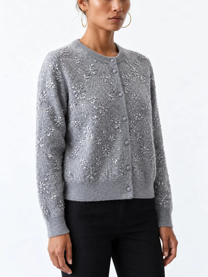Embroidered Grey Cashmere Cardigan Sweater - Sweaters & Knitwear