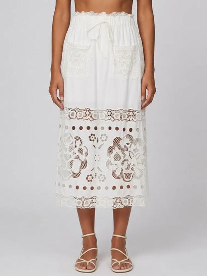 Embroidered Lace Cotton Midi Skirt with Side Slit - Skirts
