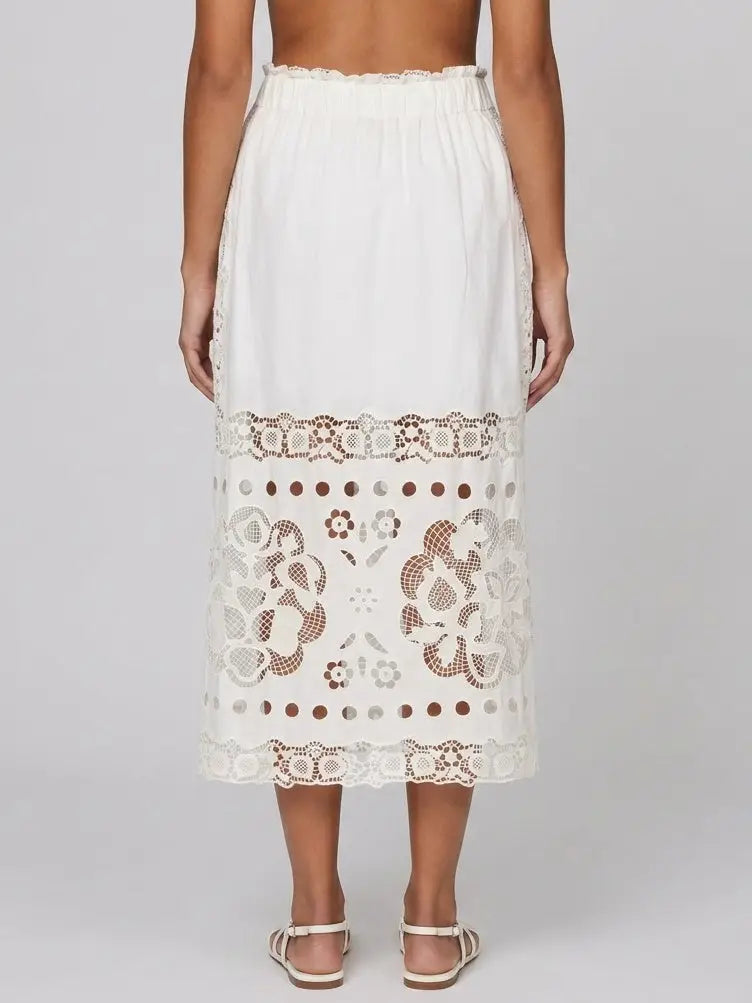 Embroidered Lace Cotton Midi Skirt with Side Slit - Skirts