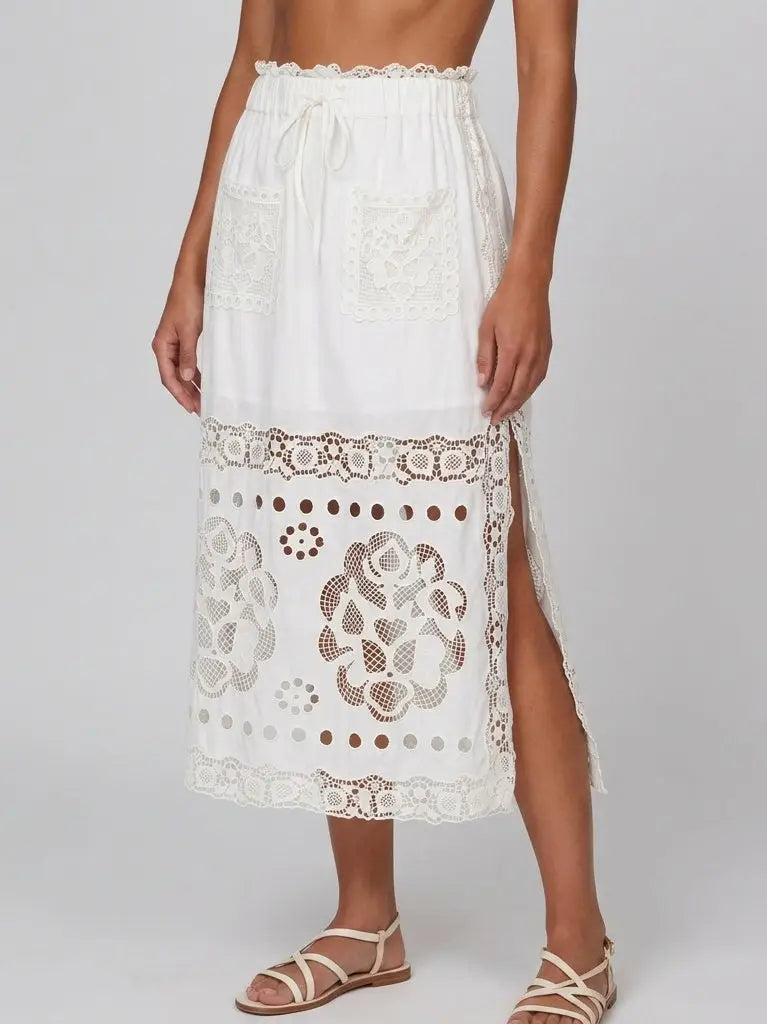 Embroidered Lace Cotton Midi Skirt with Side Slit - Skirts