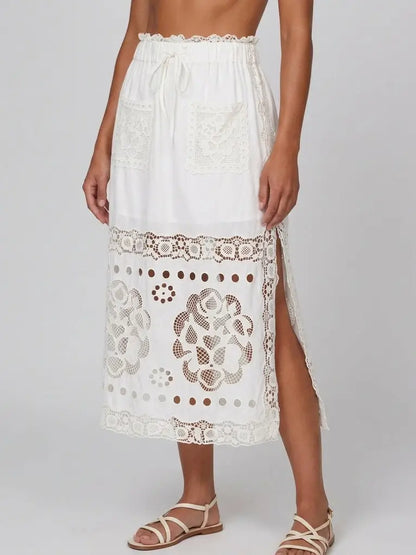Embroidered Lace Cotton Midi Skirt with Side Slit - Skirts