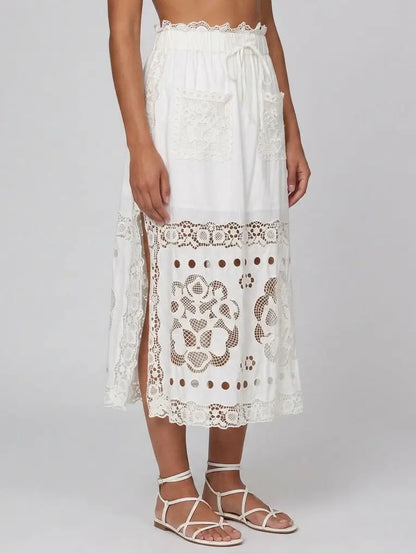 Embroidered Lace Cotton Midi Skirt with Side Slit - Skirts