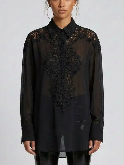 Lace and Silk Oversize Shirt in Grey - S / Black - Tops