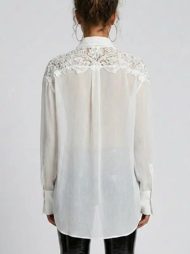 Lace and Silk Oversize Shirt in Grey - Tops