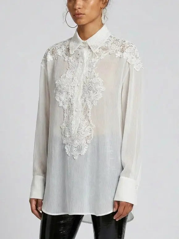 Lace and Silk Oversize Shirt in Grey - Tops