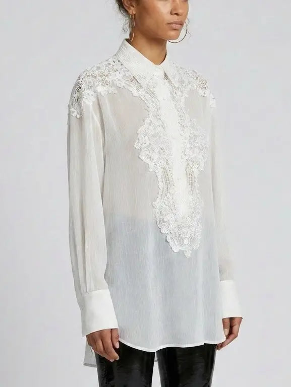 Lace and Silk Oversize Shirt in Grey - Tops