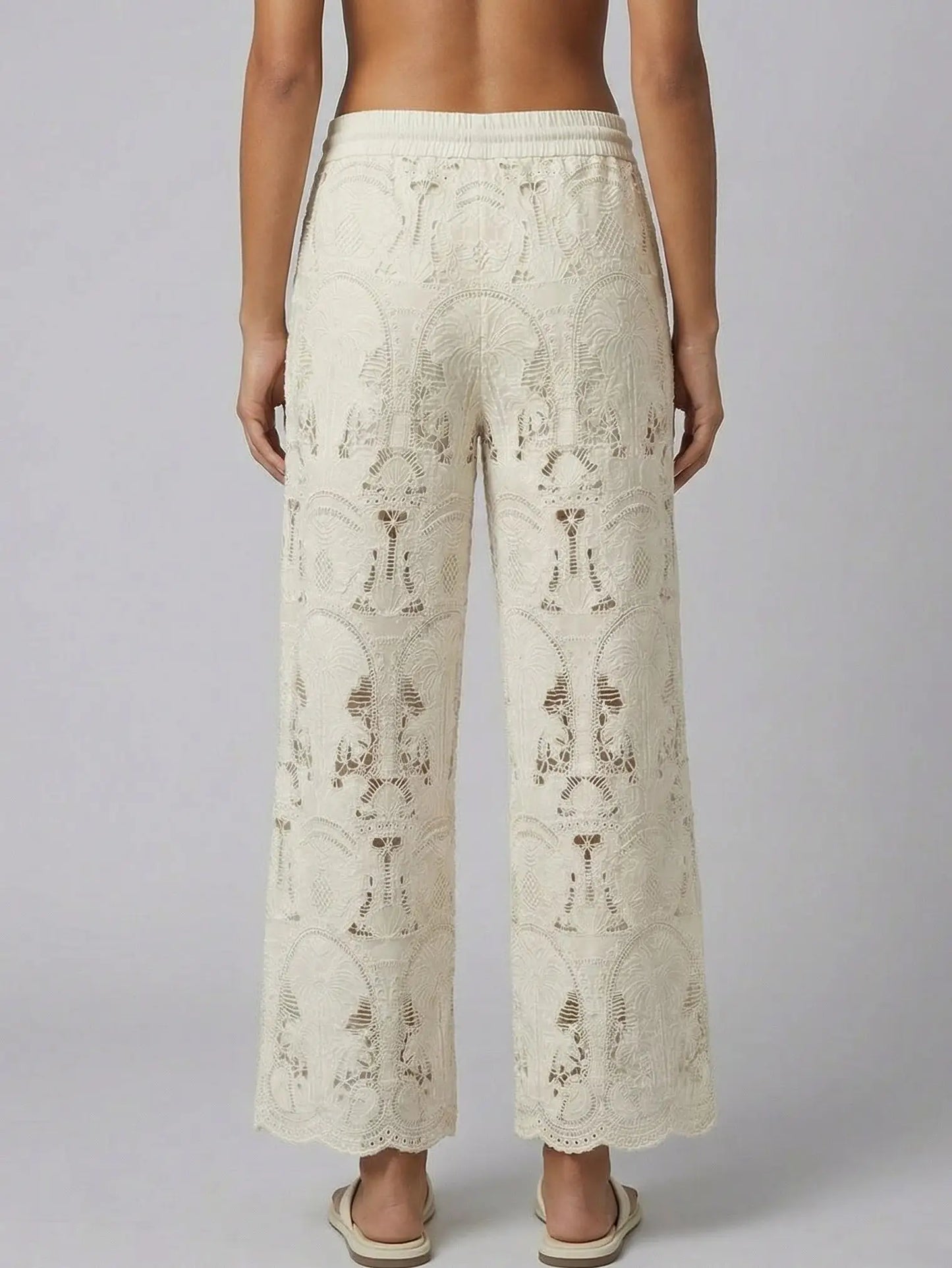 Embroidered Lace Wide-Leg Pants with Drawstring Waist - Jeans & Pants