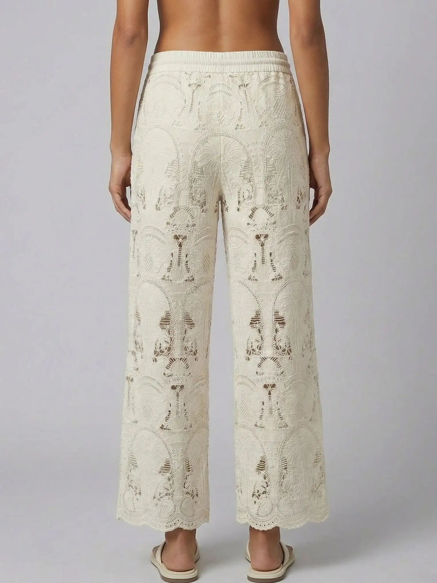 Embroidered Lace Wide-Leg Pants with Drawstring Waist - Jeans & Pants