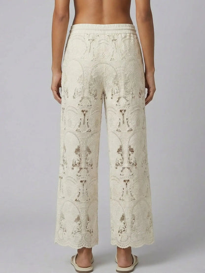 Embroidered Lace Wide-Leg Pants with Drawstring Waist - Jeans & Pants