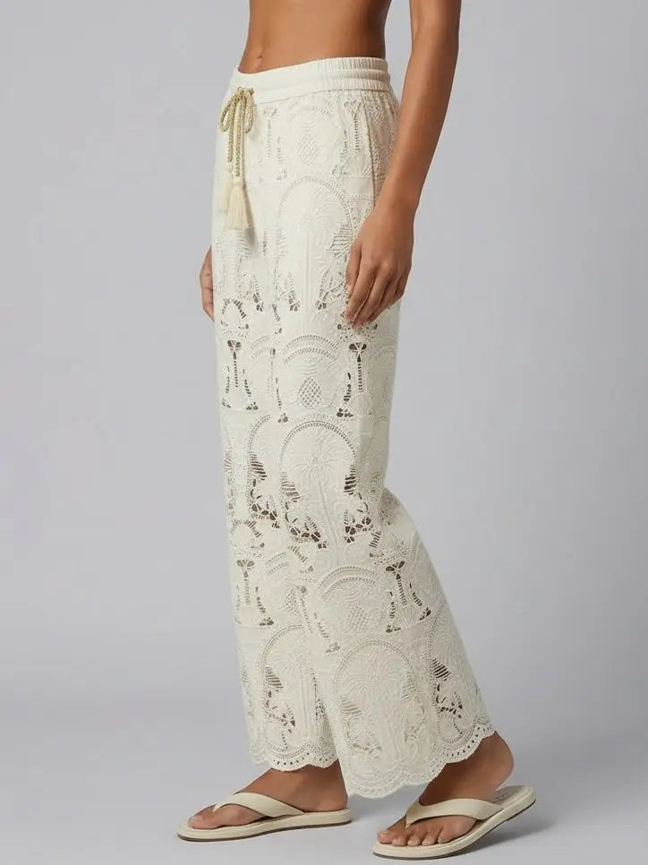 Embroidered Lace Wide-Leg Pants with Drawstring Waist - Jeans & Pants