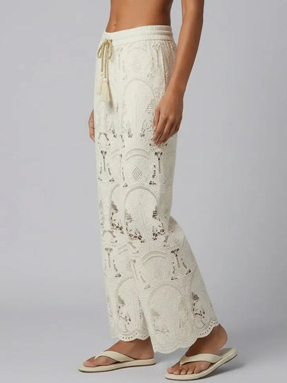 Embroidered Lace Wide-Leg Pants with Drawstring Waist - Jeans & Pants