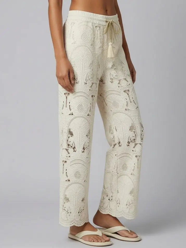 Embroidered Lace Wide-Leg Pants with Drawstring Waist - Jeans & Pants