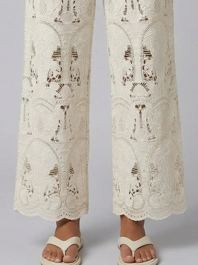 Embroidered Lace Wide-Leg Pants with Drawstring Waist - Jeans & Pants