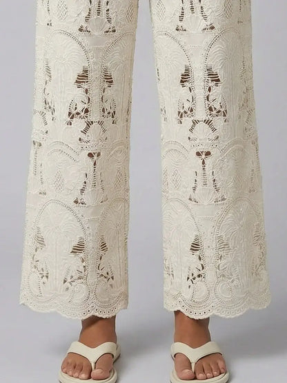 Embroidered Lace Wide-Leg Pants with Drawstring Waist - Jeans & Pants
