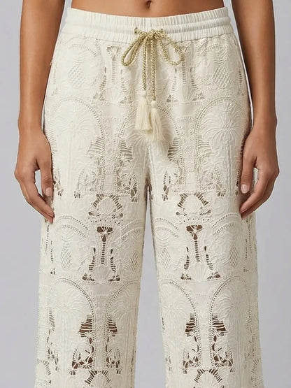 Embroidered Lace Wide-Leg Pants with Drawstring Waist - Jeans & Pants