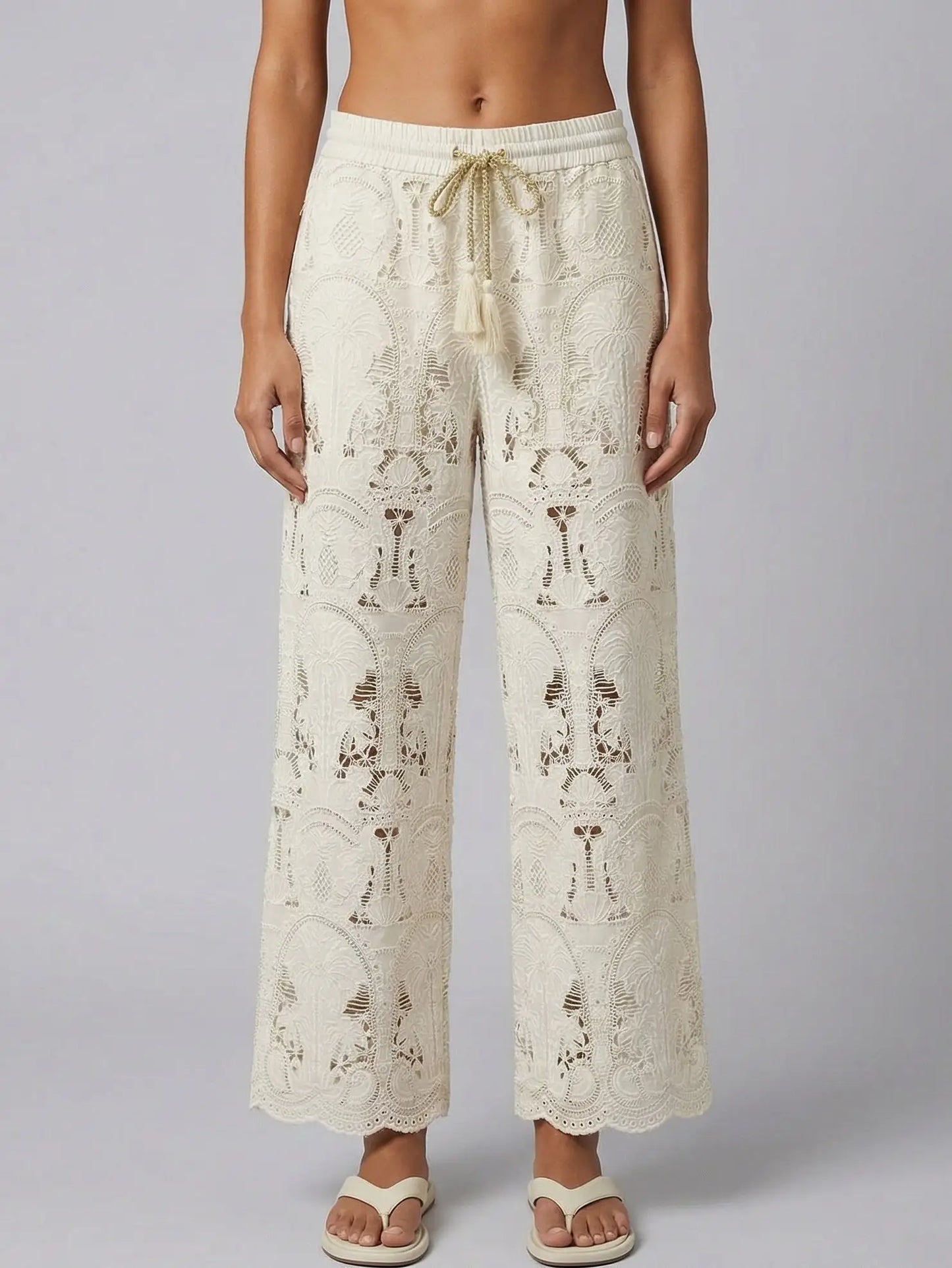 Embroidered Lace Wide-Leg Pants with Drawstring Waist - Jeans & Pants