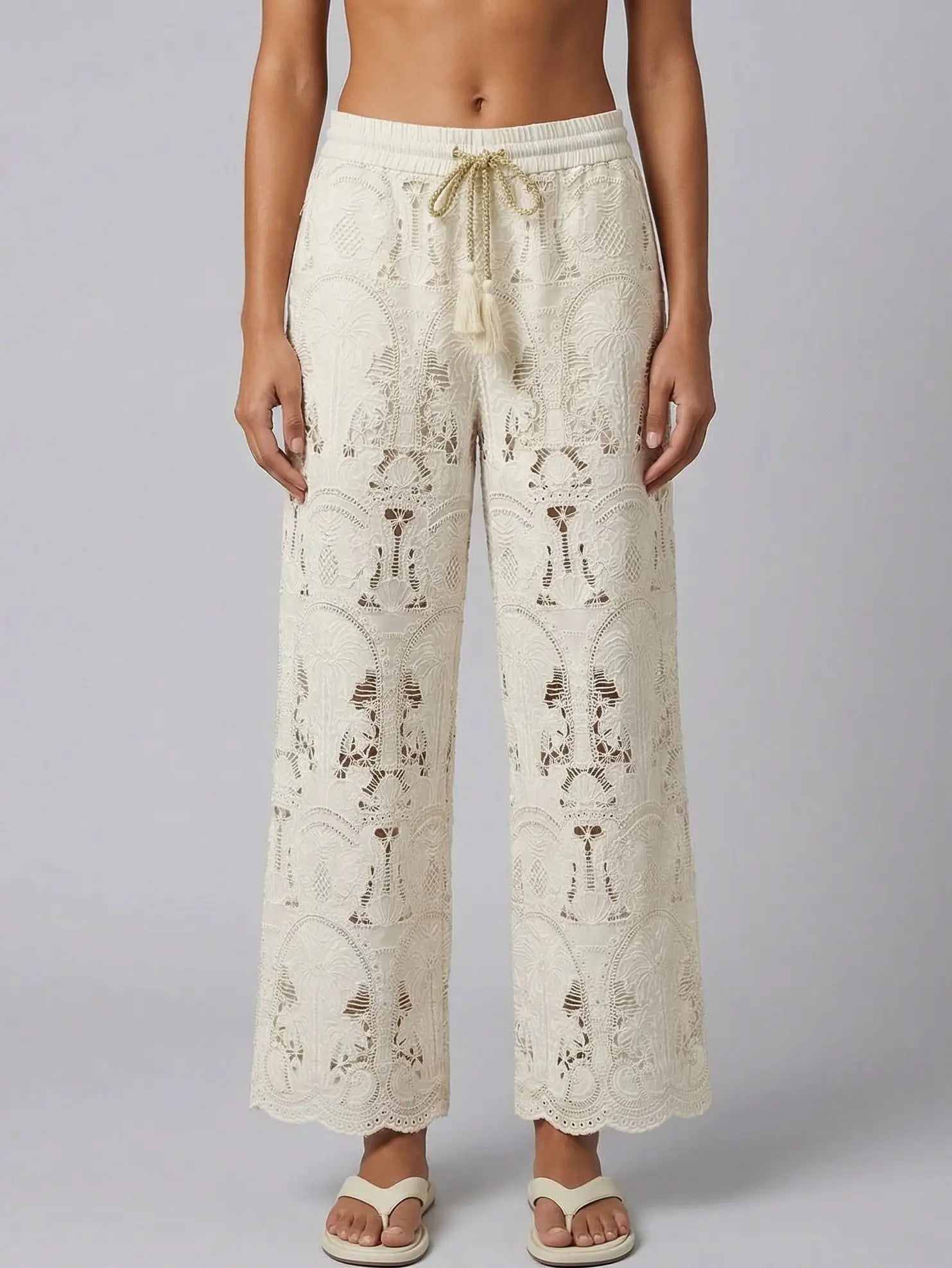 Embroidered Lace Wide-Leg Pants with Drawstring Waist - Jeans & Pants