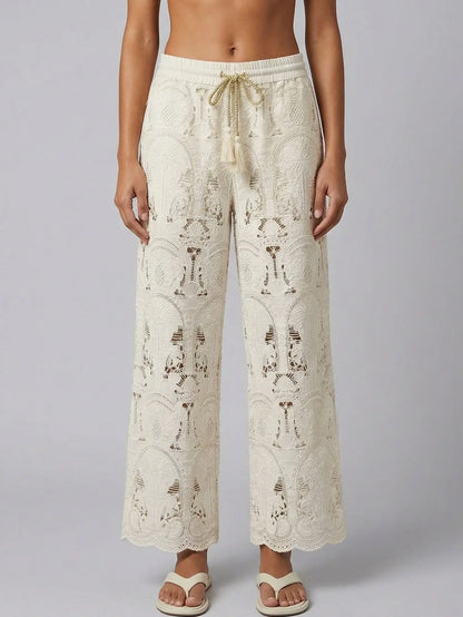 Embroidered Lace Wide-Leg Pants with Drawstring Waist - Jeans & Pants