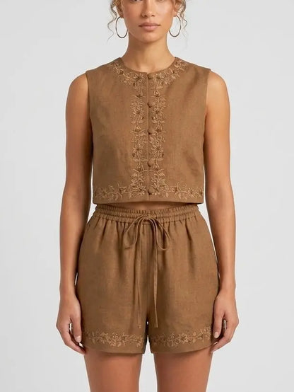 Embroidered Linen Top and Shorts Set - Suits & Sets