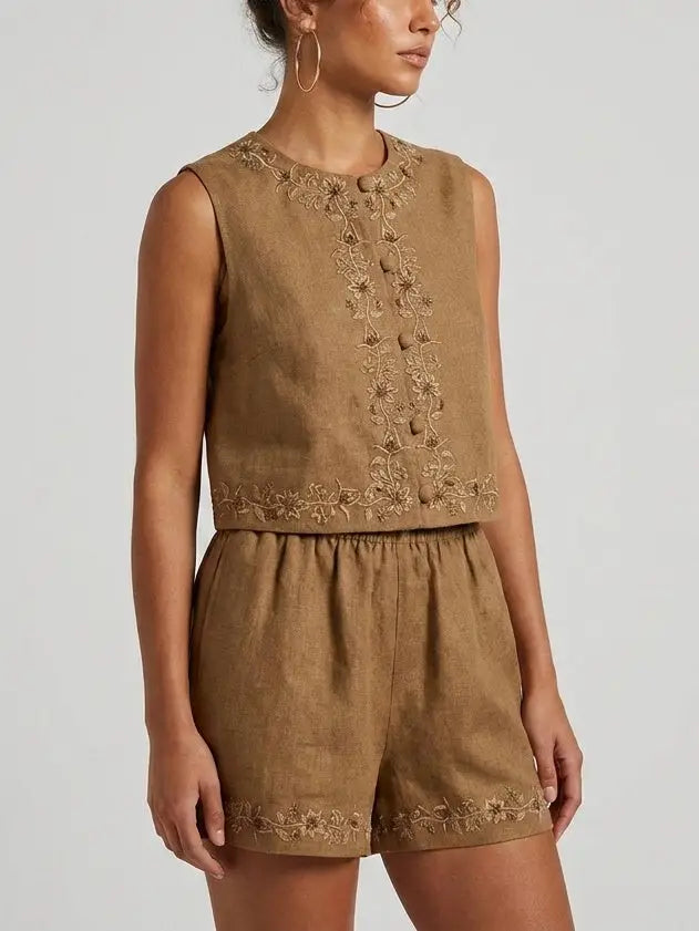 Embroidered Linen Top and Shorts Set - Suits & Sets
