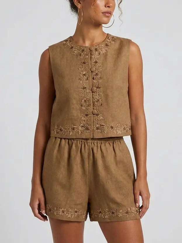 Embroidered Linen Top and Shorts Set - Suits & Sets