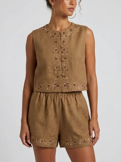 Embroidered Linen Top and Shorts Set - Suits & Sets