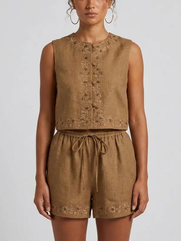 Embroidered Linen Top and Shorts Set - Suits & Sets