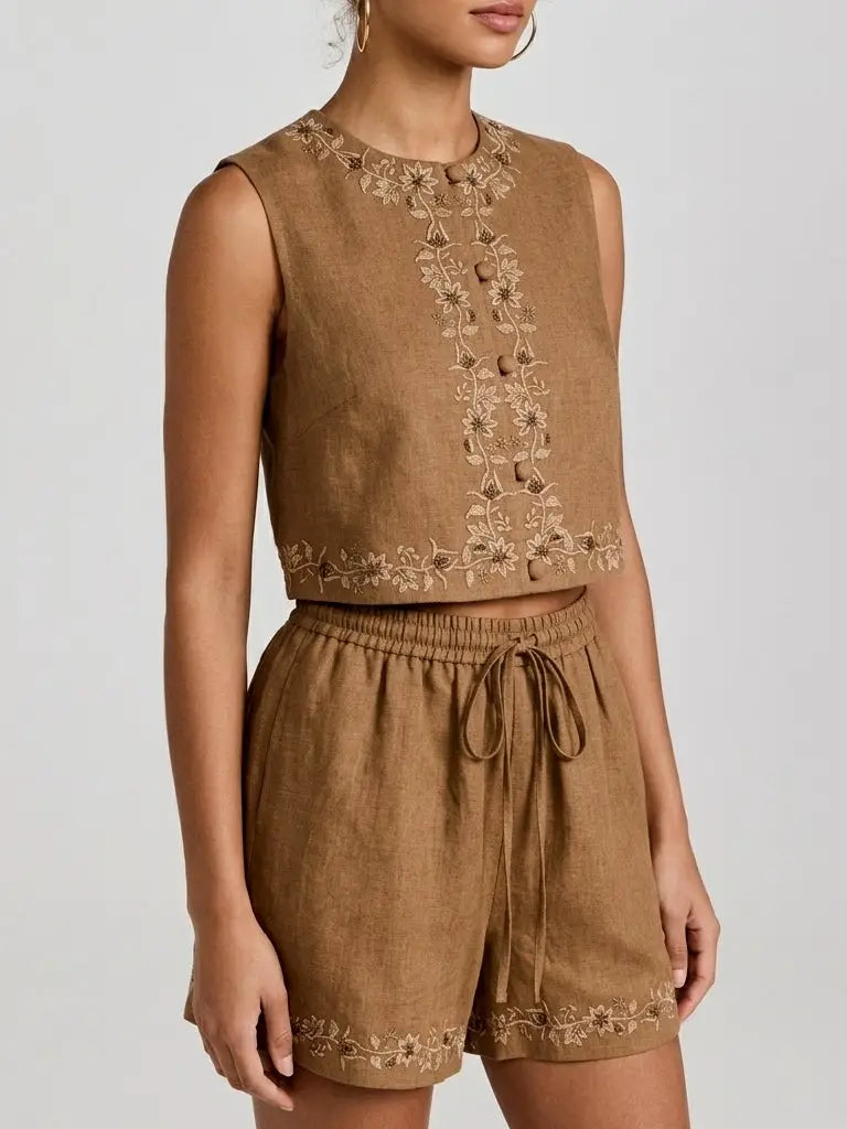 Embroidered Linen Top and Shorts Set - Suits & Sets