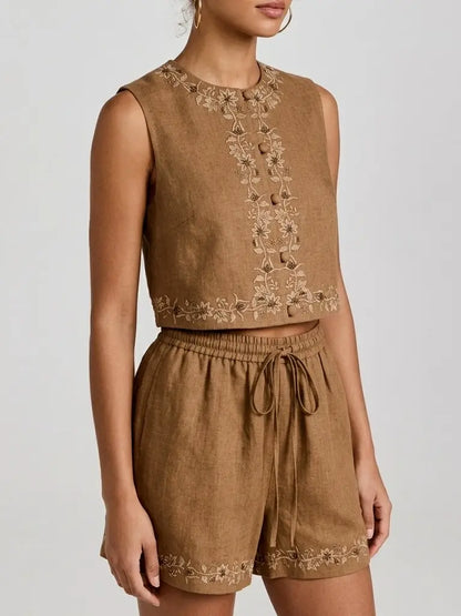 Embroidered Linen Top and Shorts Set - Suits & Sets