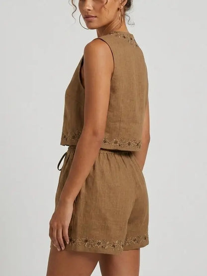 Embroidered Linen Top and Shorts Set - Suits & Sets